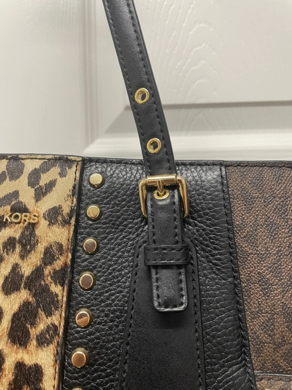 Michael Kors Black & Leopard-Print Studded Tote - Picture 3 of 13